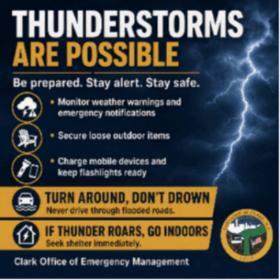 Clark Emergency Management Urges Residents to Prepare for Possible Thunderstorms