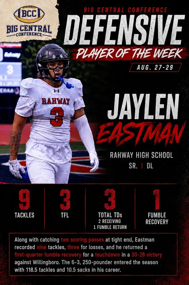 Rahway's Jaylen Eastman Named Defensive Player of the Week